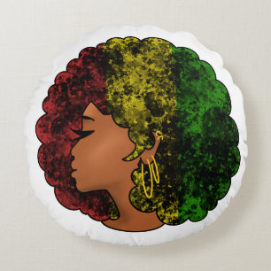 Cojín Redondo Mujer negra rasta afro rojo amarillo verde