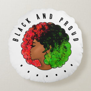Cojín Redondo Mujer niña negra panafricana orgullo afro verde ro
