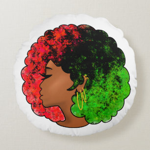 Cojín Redondo Mujer niña negra panafricana orgullo afro verde ro