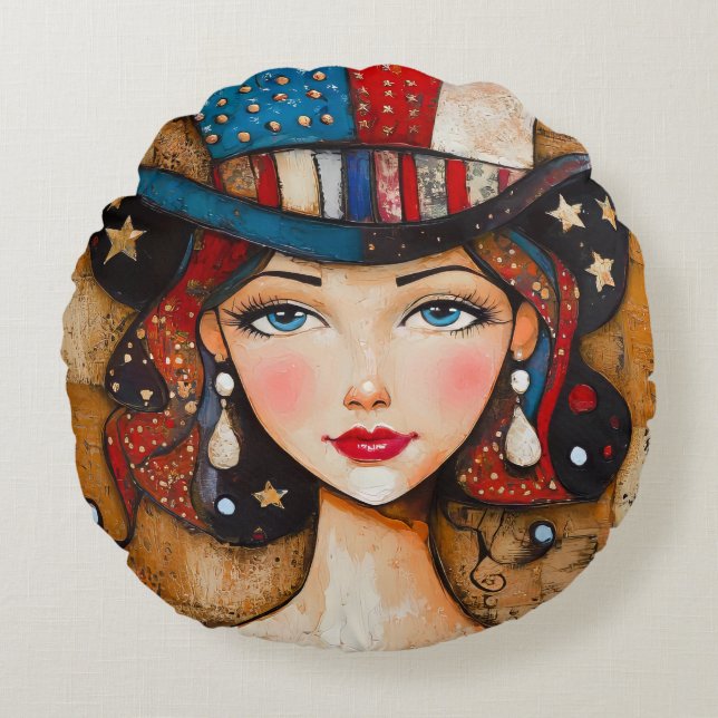 Cojín Redondo Mujer Patriótica Estadounidense (Anverso)