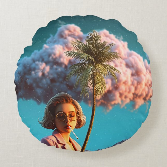 Cojín Redondo Mujer surrealista con palmera (Anverso)