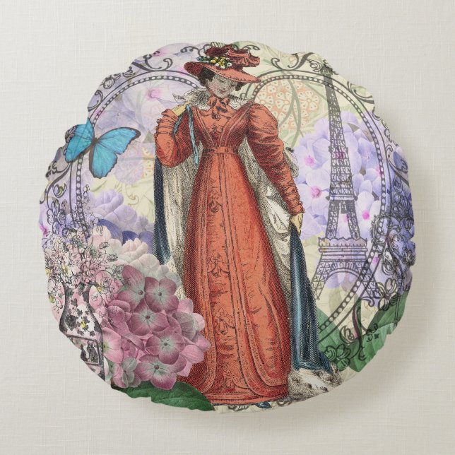 Cojín Redondo Mujer victoriana de moda colorida roja (Anverso)