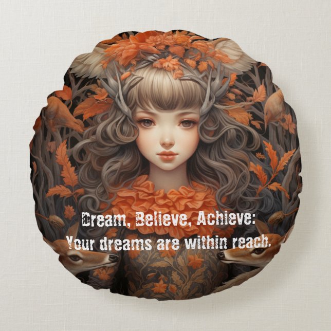 Cojín Redondo Mujeres del bosque: El logro del sueño (Anverso)
