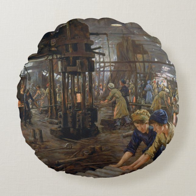 Cojín Redondo Mujeres trabajando en una fábrica de municiones en (Anverso)