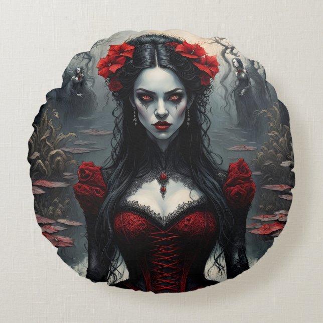 Cojín Redondo Mujeres vampiros y cráneo suga, 2 diseño en 1 almo (Anverso)