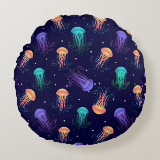 Cojín Redondo Mundo de las medusas submarinas: patrón brillante.