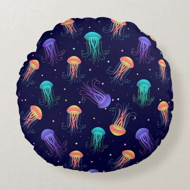 Cojín Redondo Mundo de las medusas submarinas: patrón brillante. (Anverso)