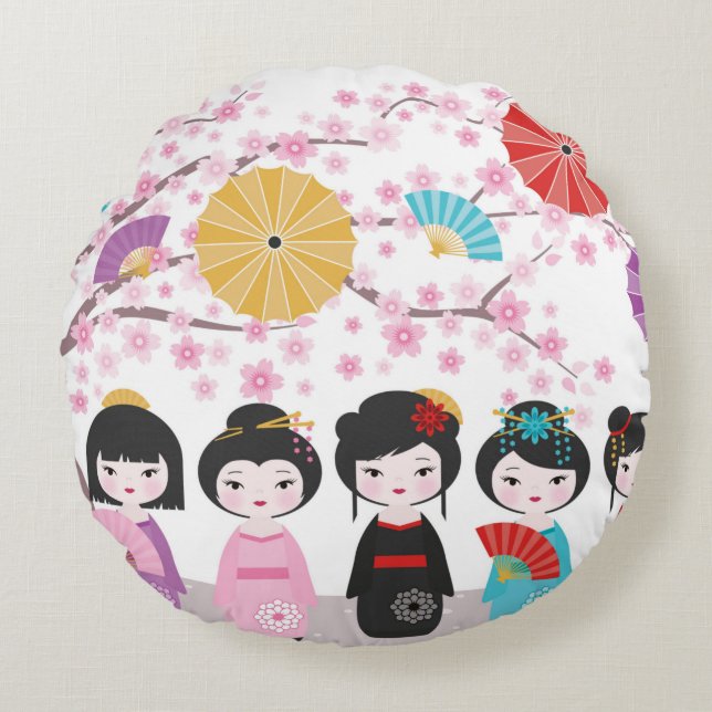 Cojín Redondo Muñecas kokeshi japonesas (Anverso)