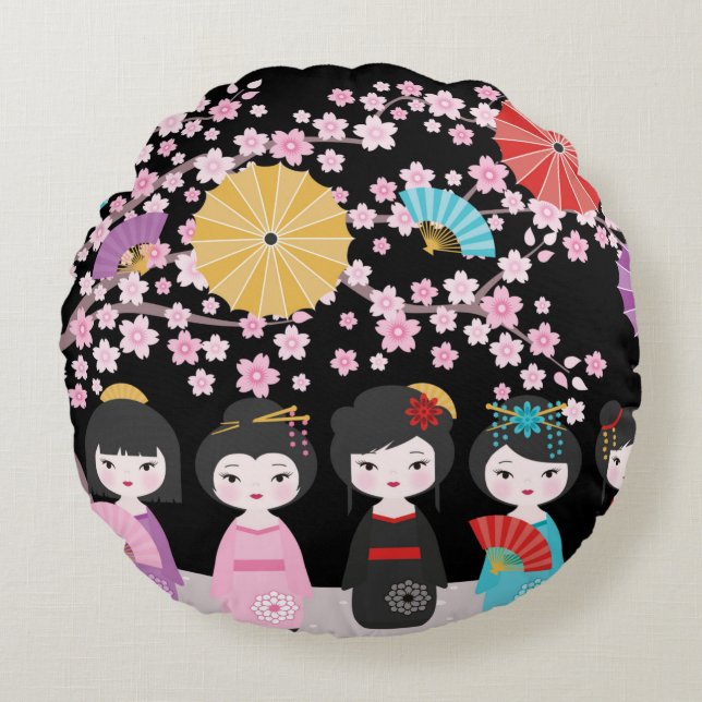 Cojín Redondo Muñecas kokeshi japonesas negras (Anverso)