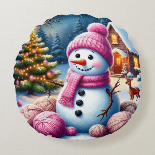 Cojín Redondo Muñeco de nieve alegre junto al árbol de Navidad e