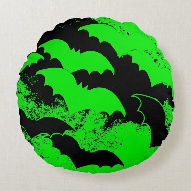 Cojín Redondo Murciélagos Negros En Verde De Vuelo (Anverso)