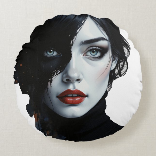 Cojín Redondo Musa de medianoche - Retrato de tinta y salpicón (Anverso)