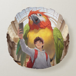 Cojín Redondo Museo Gaze: Selfie de Loro Guacamayo Escarlata Gig