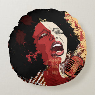 Cojín Redondo Music Jazz - cantante de jazz afroamericano en gru