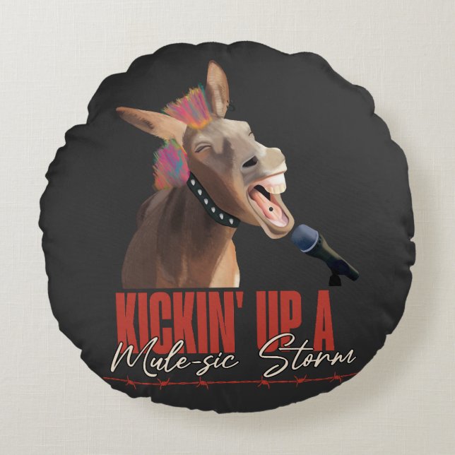 Cojín Redondo Music Lover Punny Rockstar Donkey (Anverso)