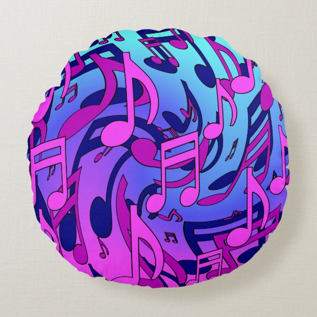 Cojín Redondo Music Notes Lively Pink Blue Purple Aqua Pattern (Anverso)