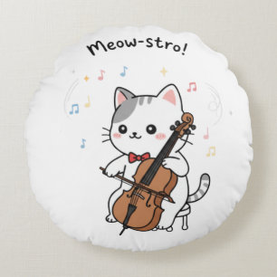 Cojín Redondo Músico de Cello Adorable Gato