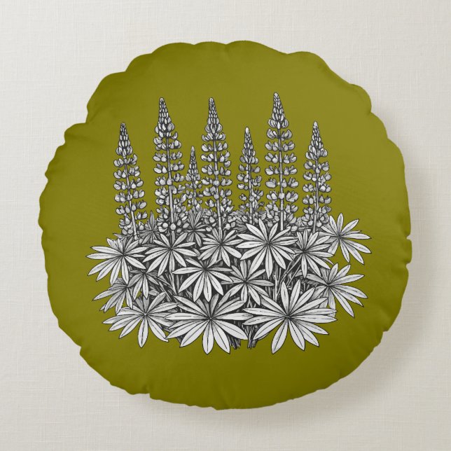Cojín Redondo Mustard Yellow Lupine Floral Round Pillow (Anverso)