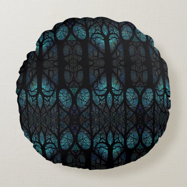 Cojín Redondo Mystic Forest Mosaic Blue & Black pattern (Anverso)