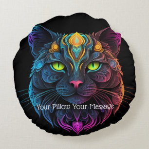 Cojín Redondo Mystic Neon Mandala Cat Fantasía felina psicodélic