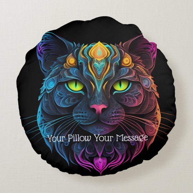 Cojín Redondo Mystic Neon Mandala Cat Fantasía felina psicodélic (Reverso)