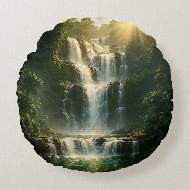 Cojín Redondo Mystical Forest Waterfall Nature Round Pillow (Anverso)