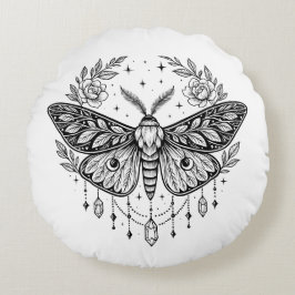 Cojín Redondo Mystical Gothic Moth Botanical Celestial Line Art 