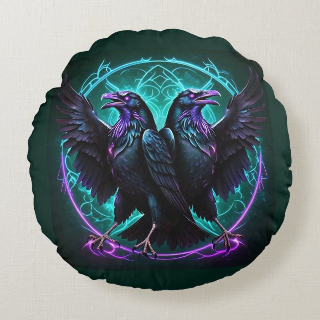 Cojín Redondo Mystical Ravens Dark Green (Anverso)