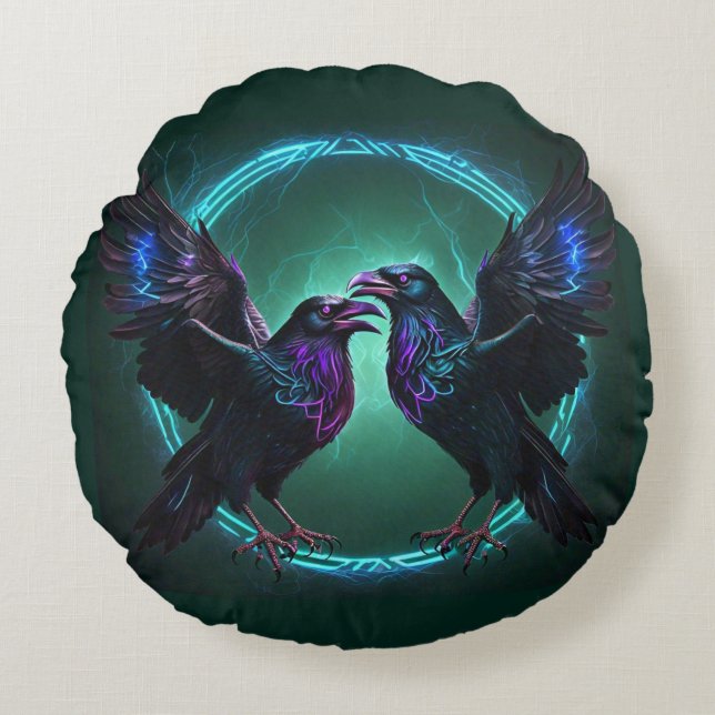 Cojín Redondo Mystical Ravens Dark Green (Anverso)