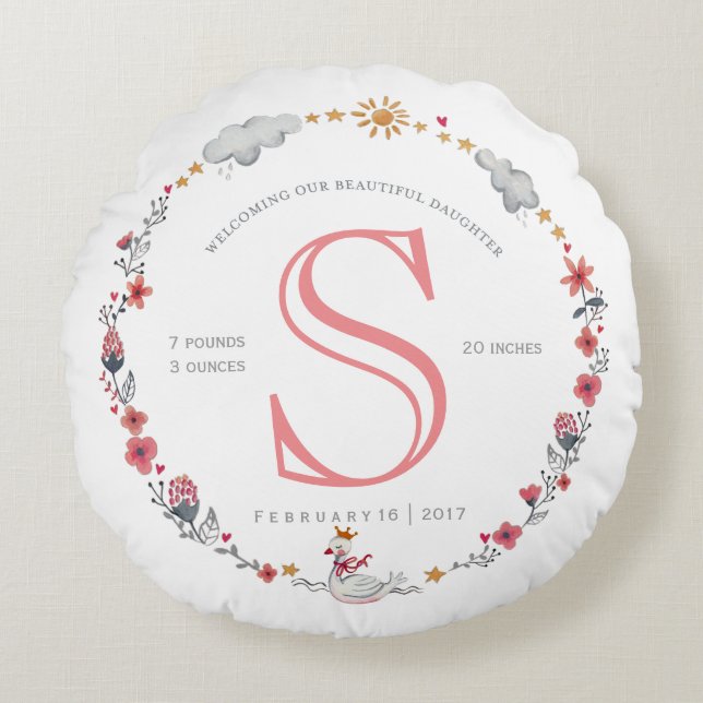 Cojín Redondo Nacimiento de bebé de cisne rosa (Anverso)