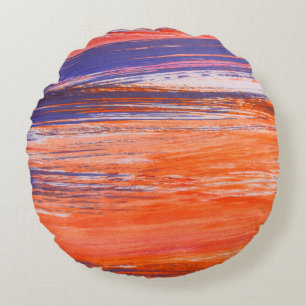 Cojín Redondo Naranja abstracto y fondo azul del acuarela