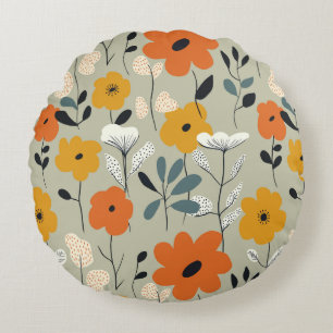 Cojín Redondo Naranja Alegre Y Floral Amarilla