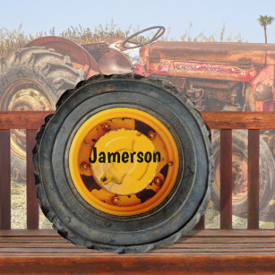 Cojín Redondo naranja amarillo antiguo neumático de rueda negra