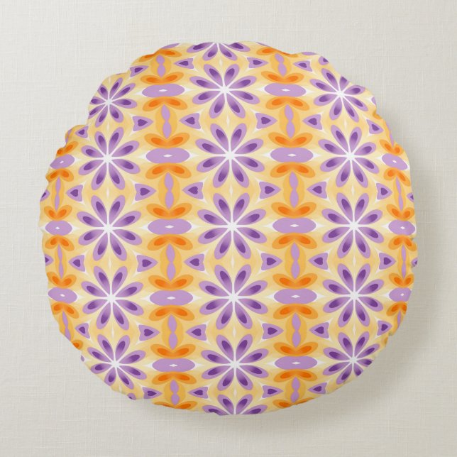 Cojín Redondo Naranja amarillo morado de flores (Anverso)