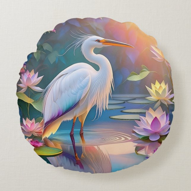 Cojín Redondo Naranja Billing White Heron Fantasy Bird (Anverso)