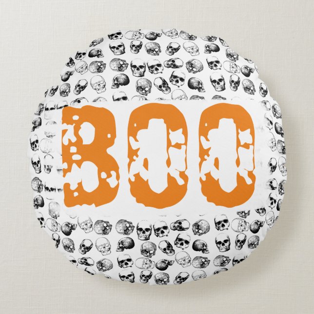 Cojín Redondo Naranja Boo Halloween Spooky Skull Pattern (Anverso)