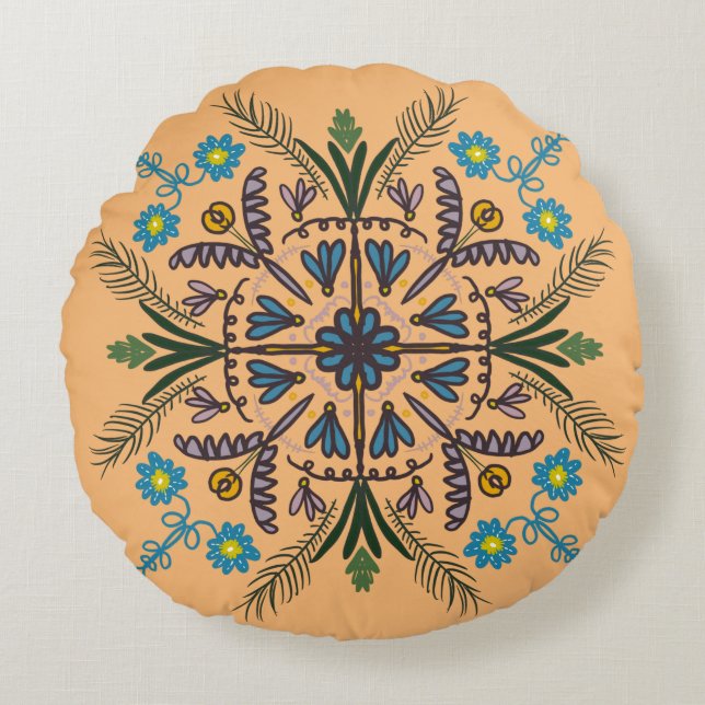 Cojín Redondo Naranja botánico colorido de Mandala (Anverso)