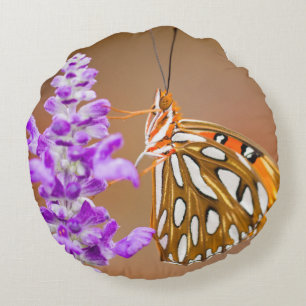 Cojín Redondo Naranja brillante mariposa fritillera del Golfo