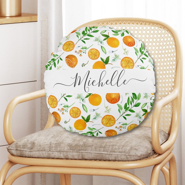 Cojín Redondo Naranja Citrus Summer Floral Patrón Botánico (In situ)
