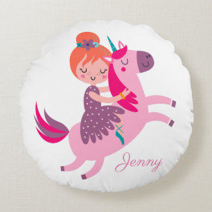 Cojín Redondo Naranja corta Chica haitiana montada en unicornio