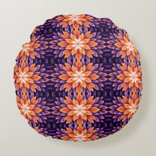 Cojín Redondo Naranja de flores morado y blanco