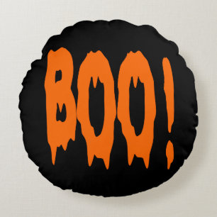 Cojín Redondo Naranja de Halloween "¡BOO!" en negro