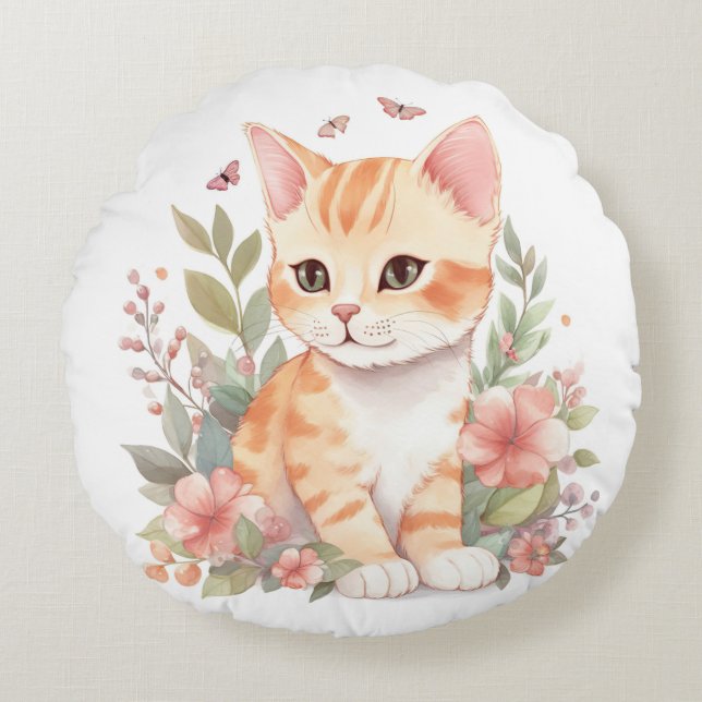 Cojín Redondo Naranja dulce Tabby Kitten con Flores Acuarela (Anverso)