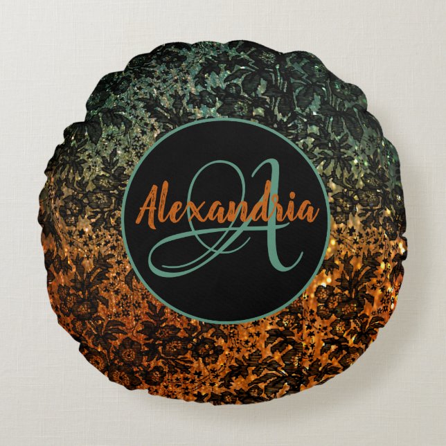 Cojín Redondo Naranja elegante y monograma floral negro verde (Anverso)