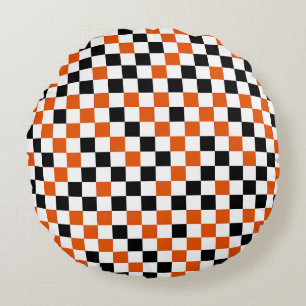 Cojín Redondo Naranja Negro y Blanco Cuadros
