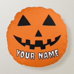 Cojín Redondo Naranja personalizado Calabaza Halloween su nombre