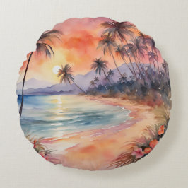 Cojín Redondo Naranja Pink Sunset Tropical Beach Palm Trees