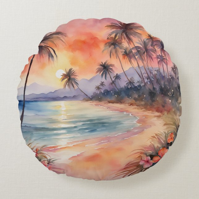 Cojín Redondo Naranja Pink Sunset Tropical Beach Palm Trees (Anverso)