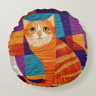 Cojín Redondo Naranja Tabby Cat Parchwork Quilt Pattern