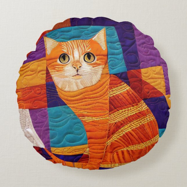 Cojín Redondo Naranja Tabby Cat Parchwork Quilt Pattern (Anverso)